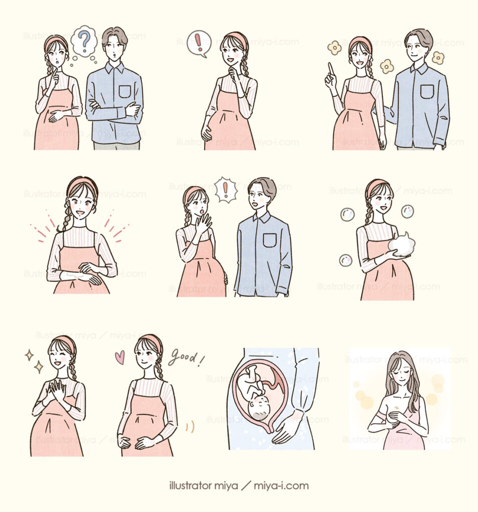 女性・イラスト・可愛い・おしゃれ・線画・家族・ファミリー・生活・妊娠・マタニティ