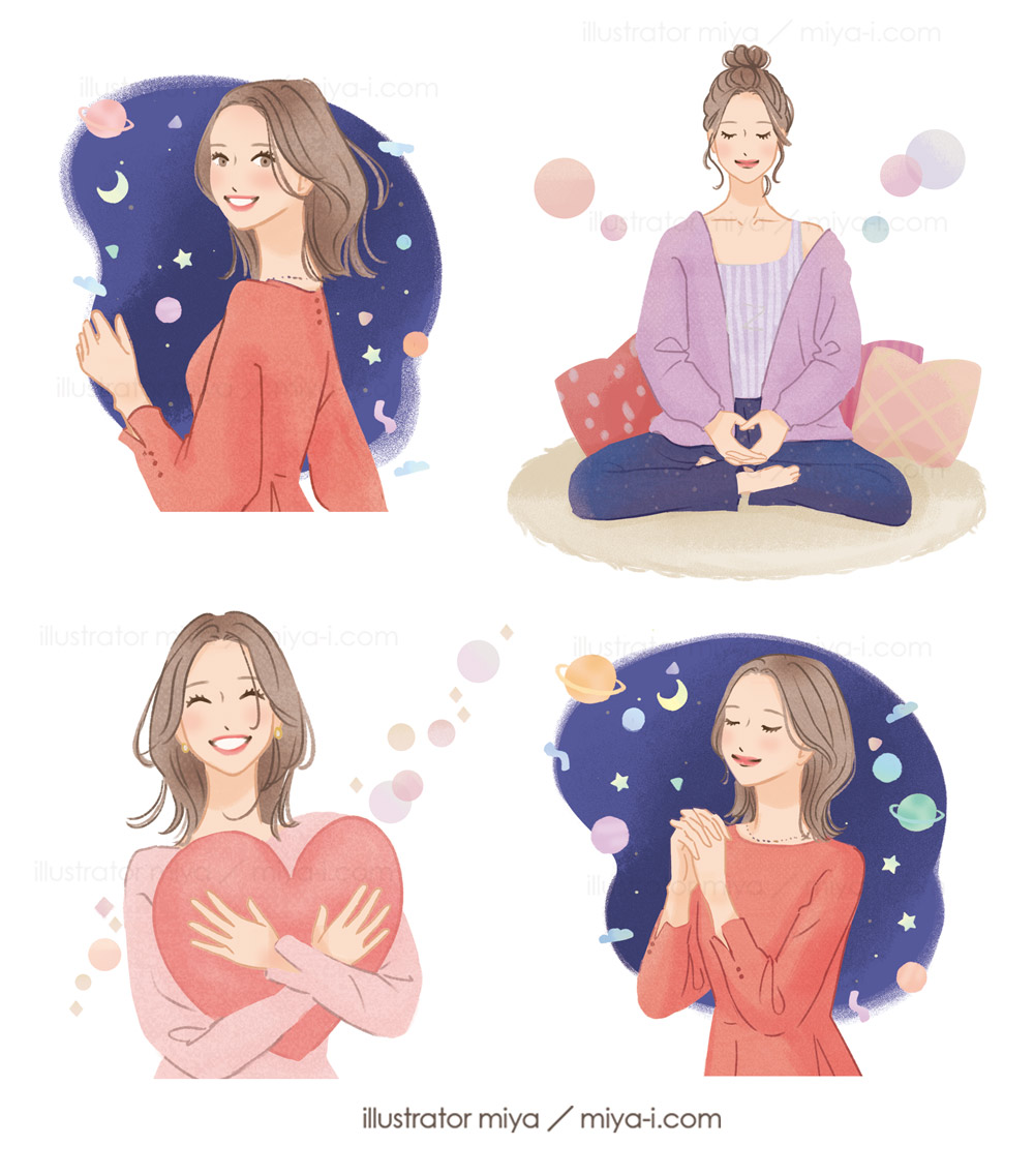 占い・開運・幸せ・イラスト・女性・かわいい・人物・宇宙・瞑想