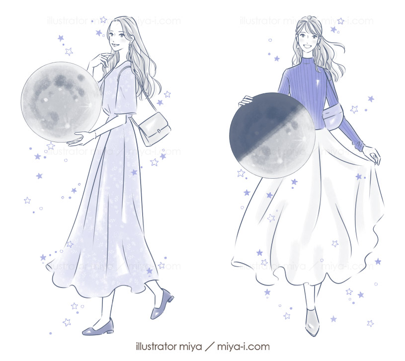 女性イラスト・可愛い・おしゃれ・占い・女性向け・イラスト・イラストレーター・満月・上弦の月