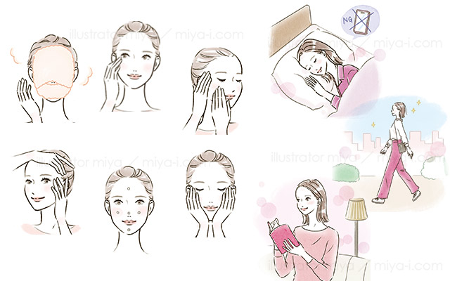 女性イラスト・おしゃれ・線画・美容・スキンケア・肌・正面顔