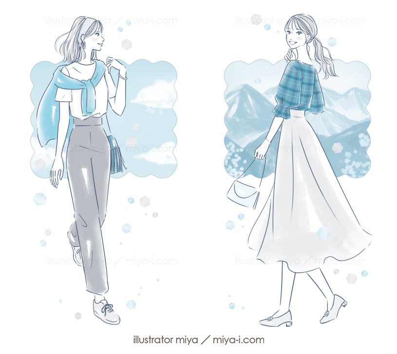 女性イラスト・可愛い・おしゃれ・占い・女性向け・イラスト・イラストレーター・空・山脈