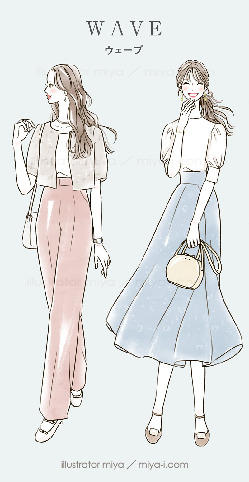 女性イラスト・ファッション・線画・おしゃれ・イラスト・表紙・広告・骨格タイプ・骨格診断・ウェーブ