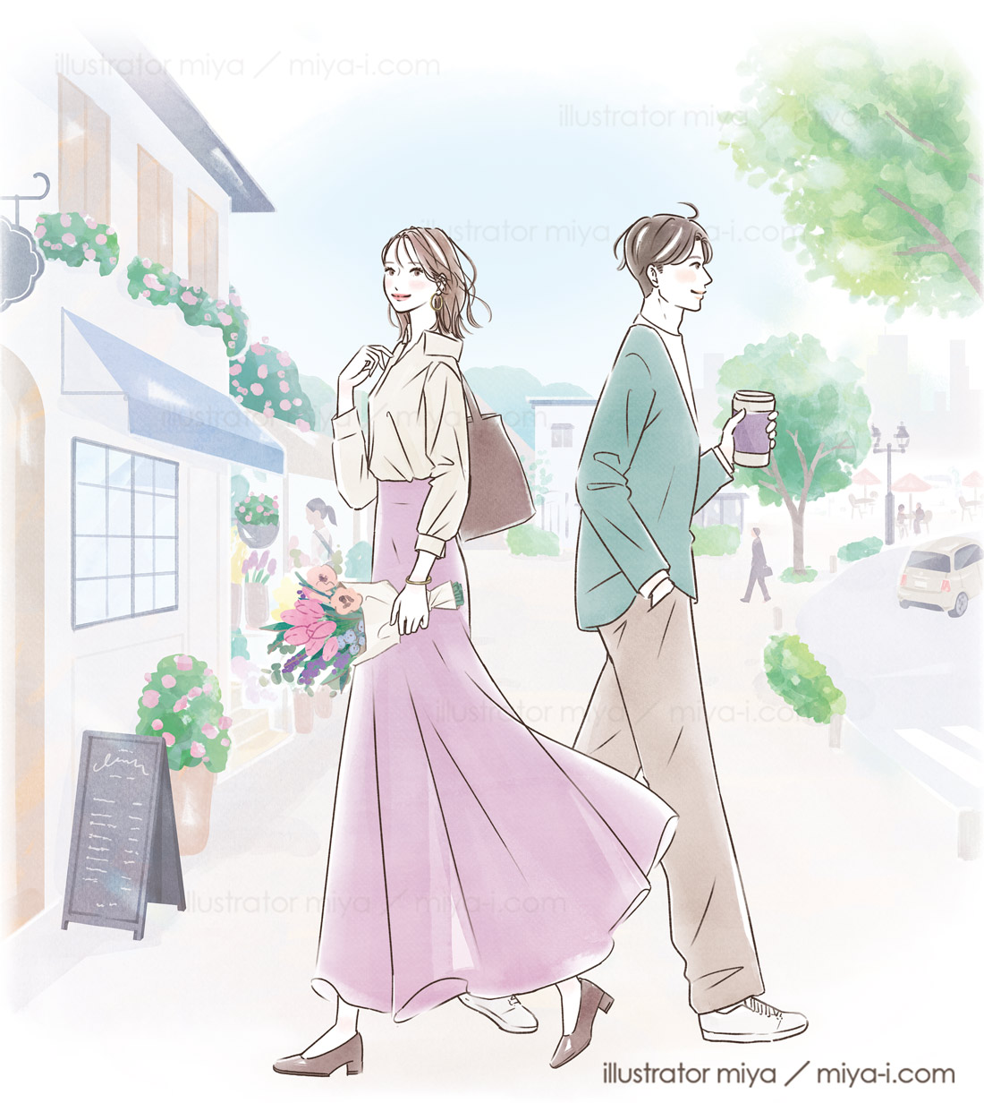 表紙イラスト・ビジュアルイラスト・広告・イラストレーター・医療・おしゃれ・やさしい・男性・女性イラスト・街並み