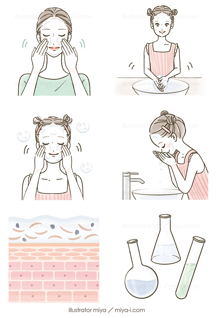 スキンケア・洗顔・肌ケア・イラスト・女性・子ども・かわいい