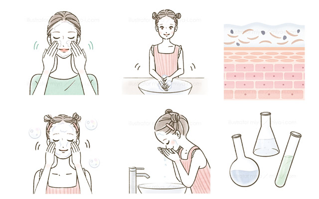 スキンケア・洗顔・肌ケア・イラスト・女性・子ども・かわいい・人物・美容