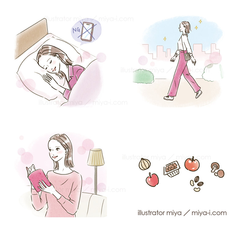 女性イラスト・女性向け・ライフスタイル・生活・おしゃれ・健康・睡眠・ウォーキング