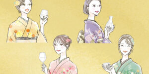 女性イラスト・おしゃれ・可愛い・正月・お酒・日本酒・着物・振り袖・お祝い・年賀
