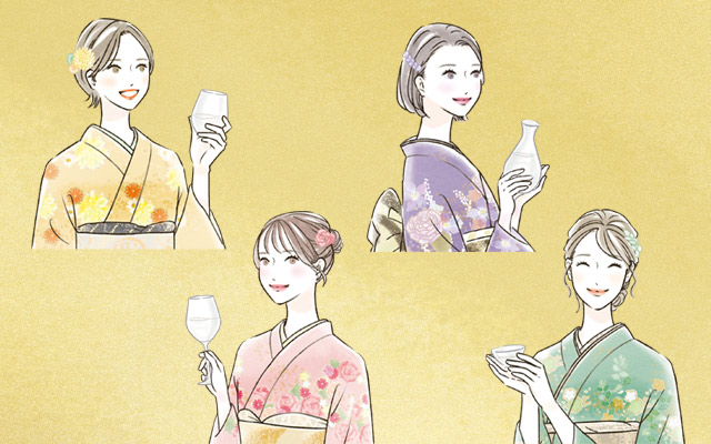 女性イラスト・おしゃれ・可愛い・正月・お酒・日本酒・着物・振り袖・お祝い・年賀