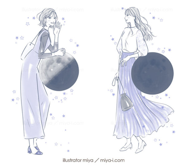 女性イラスト・可愛い・おしゃれ・占い・女性向け・イラスト・イラストレーター・下弦の月・新月