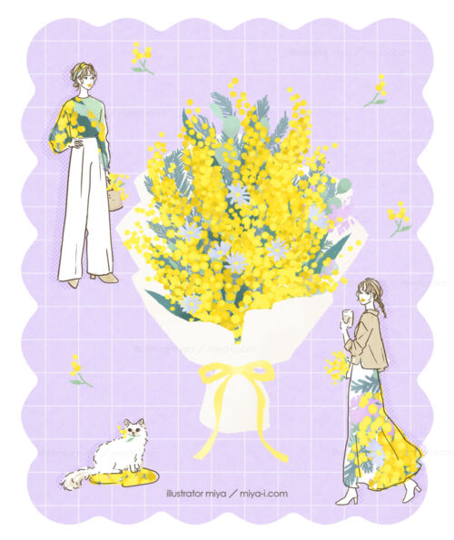 女性イラスト・おしゃれ・花・表紙・広告・女性向け・ミモザ・花束