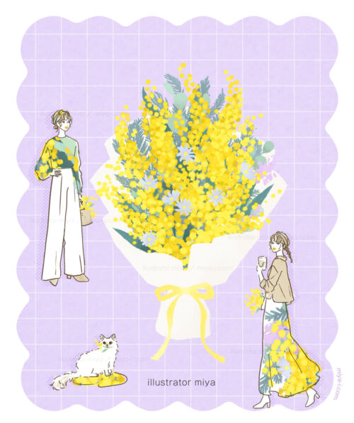 女性イラスト・おしゃれ・花・表紙・広告・女性向け・ミモザ・花束