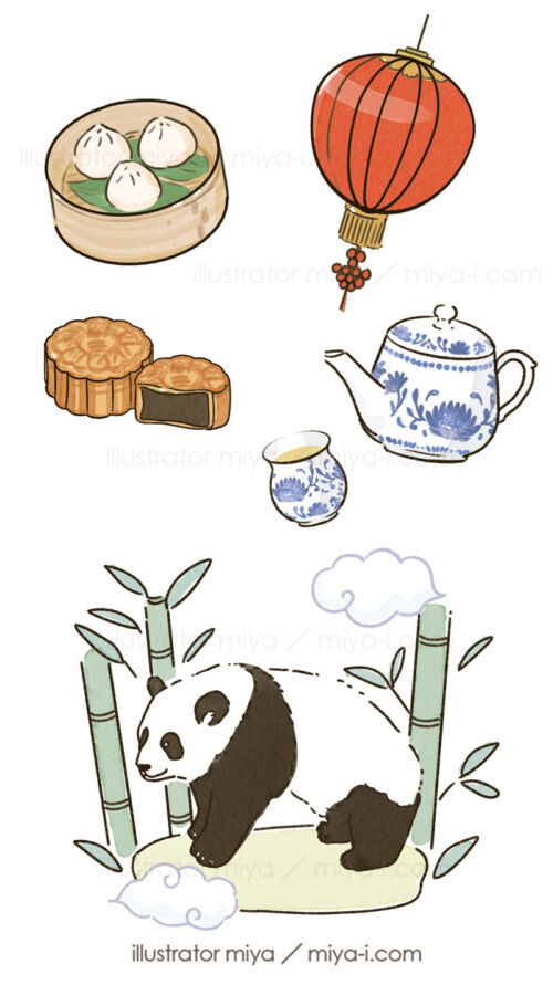 女性・イラスト・おしゃれ・シンプル・中国・月餅・点心・パンダ・中華・かわいい・広告