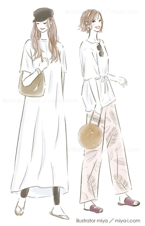 女性イラスト・可愛い・おしゃれ・ファッションイラスト・全身イラスト