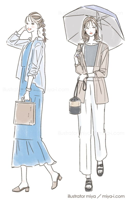 女性イラスト・可愛い・おしゃれ・ファッションイラスト・全身イラスト