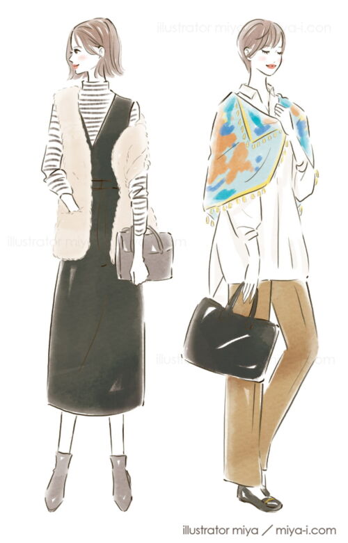 女性イラスト・可愛い・おしゃれ・ファッションイラスト・全身イラスト