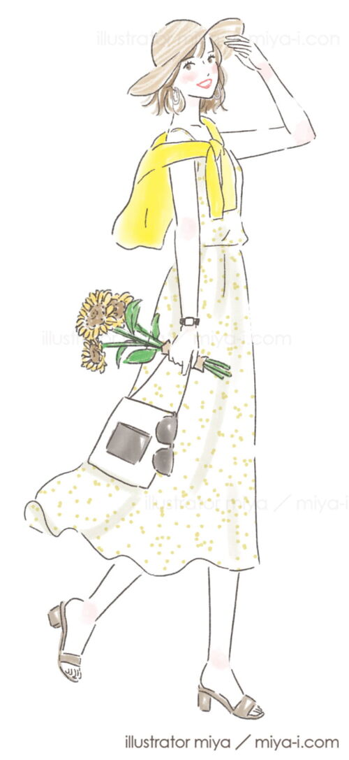 女性イラスト・可愛い・おしゃれ・ファッションイラスト・全身イラスト