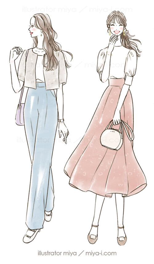 女性イラスト・ファッション・線画・おしゃれ・イラスト・表紙・広告・骨格タイプ・骨格診断・ウェーブ