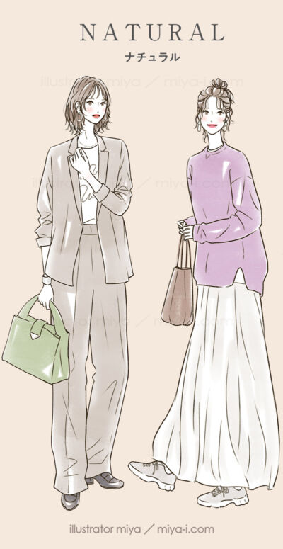 女性イラスト・ファッション・線画・おしゃれ・イラスト・表紙・広告・骨格タイプ・骨格診断・ナチュラル