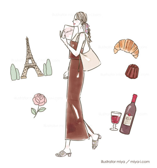 女性・イラスト・おしゃれ・ファッション・食べ物・フランス・小物