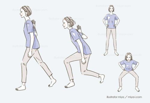 女性イラスト・おしゃれ・運動・エクササイズ・ストレッチ・健康