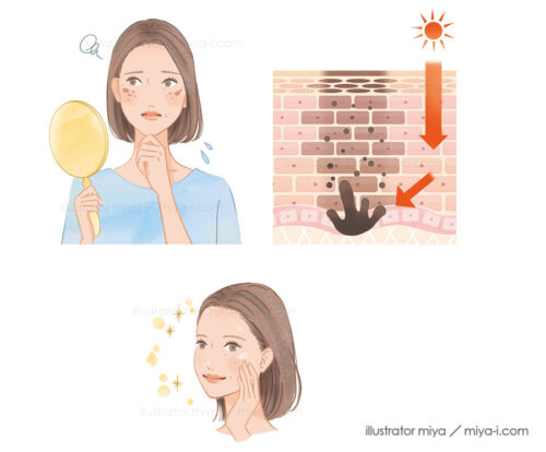 女性イラスト・おしゃれ・60代・50代・食材・シミ・スキンケア・お悩み