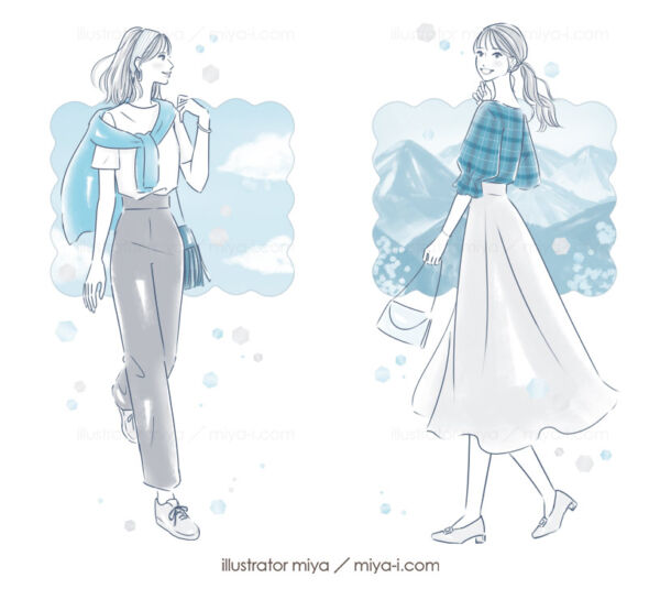 女性イラスト・可愛い・おしゃれ・占い・女性向け・イラスト・イラストレーター・空・山脈