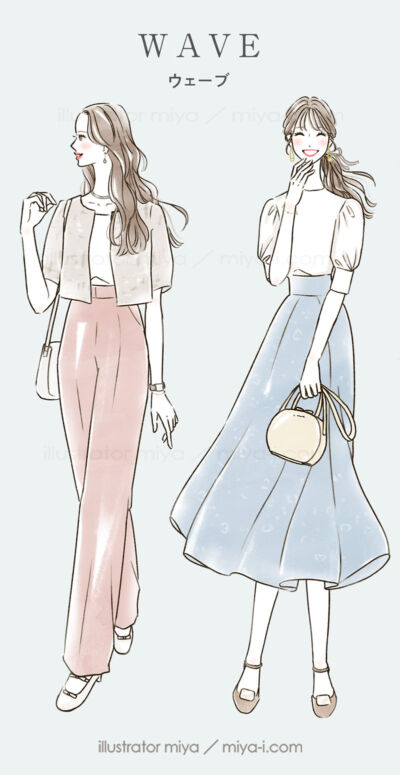 女性イラスト・ファッション・線画・おしゃれ・イラスト・表紙・広告・骨格タイプ・骨格診断・ウェーブ