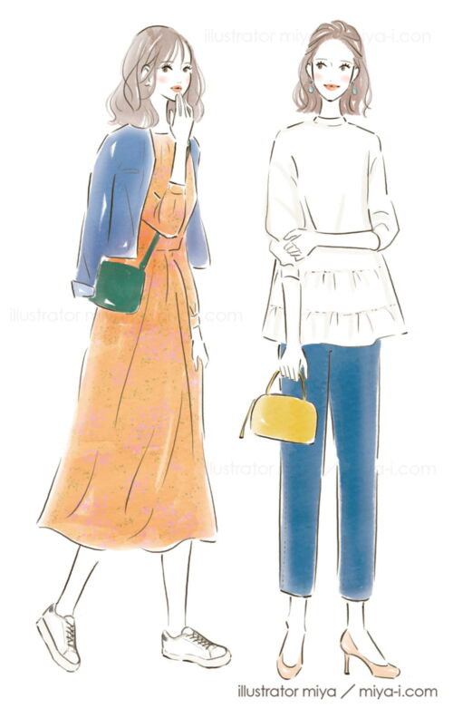 女性イラスト・可愛い・おしゃれ・ファッションイラスト・全身イラスト