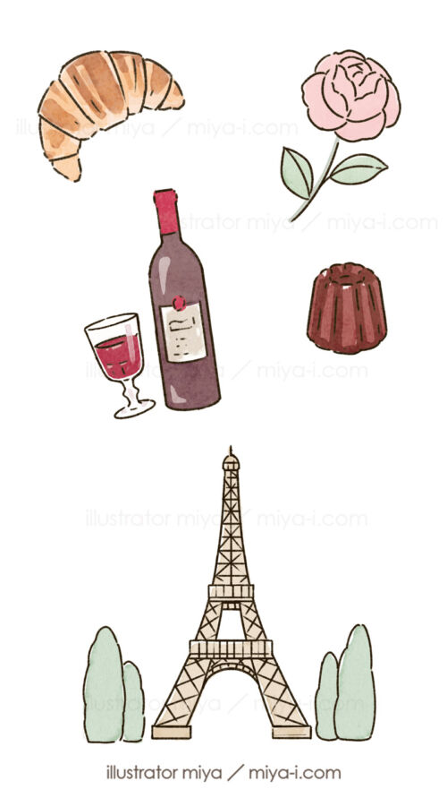女性・イラスト・おしゃれ・シンプル・フランス語・クロワッサン・ワイン・カヌレ・かわいい・広告