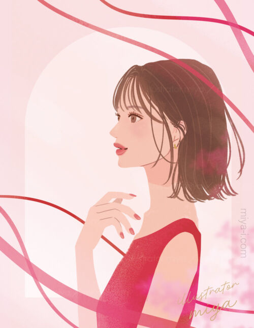 女性イラスト・大人女性・横顔・広告・ピンクリボン・ピンク・未来を見る女性・バレンタイン