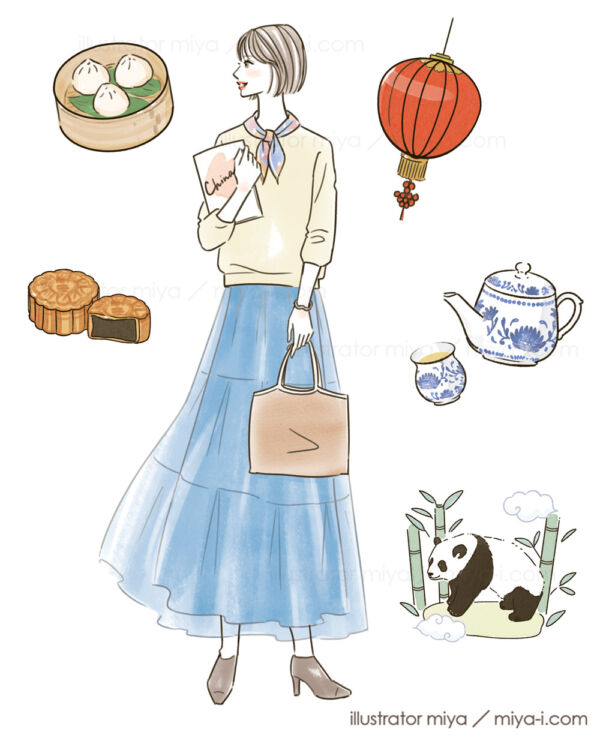 女性・イラスト・おしゃれ・ファッション・中国・月餅・中国語・ライフスタイル