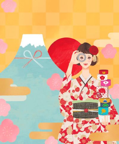 イラストレーターmiya／正月着物を着ている女性イラスト・おしゃれ・日本・縁起物