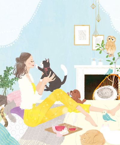 イラストレーターmiya／猫や犬と部屋でリラックスする女性イラスト・おしゃれ・可愛い・インテリア