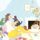 イラストレーターmiya／猫や犬と部屋でリラックスする女性イラスト・おしゃれ・可愛い・インテリア