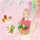 イラストレーターmiya／仙台七夕で買った野菜を持つ女性イラスト・おしゃれ・可愛い・表紙
