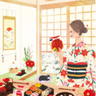 イラストレーターmiya／正月におせち料理を作る女性イラスト・日本・着物・和風