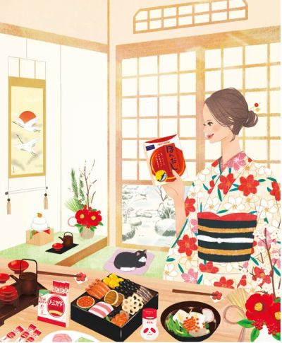 イラストレーターmiya／正月におせち料理を作る女性イラスト・日本・着物・和風