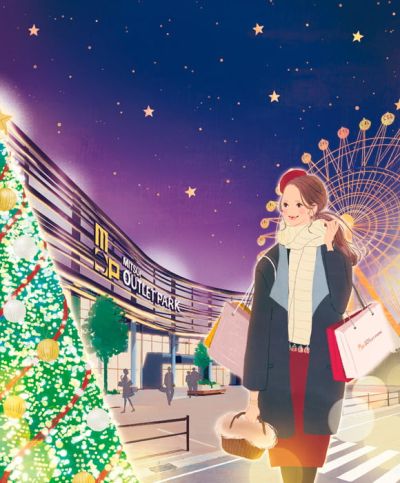 イラストレーターmiya／クリスマスの夜に商業施設で買い物をする女性イラスト・おしゃれ・可愛い・表紙