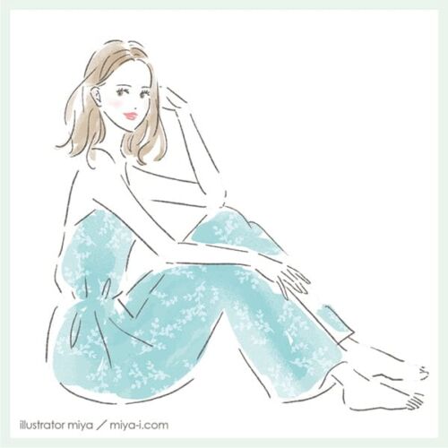 イラストレーターmiya／座っている可愛い女性イラスト・おしゃれ・ファッション・美容