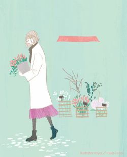 イラストレーターmiya／花を買う女性のシンプルなイメージイラスト・おしゃれ・花束・花屋・表紙