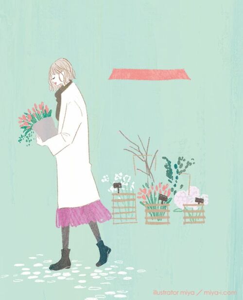 イラストレーターmiya／花を買う女性のシンプルなイメージイラスト・おしゃれ・花束・花屋・表紙