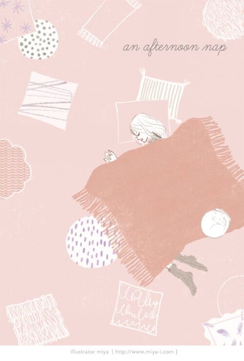 イラストレーターmiya／クッションが沢山の部屋で猫と昼寝をする女性イラスト・おしゃれ・ファッション・メイク・美容