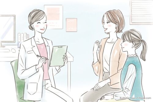 病院で説明を聞く親子イラスト