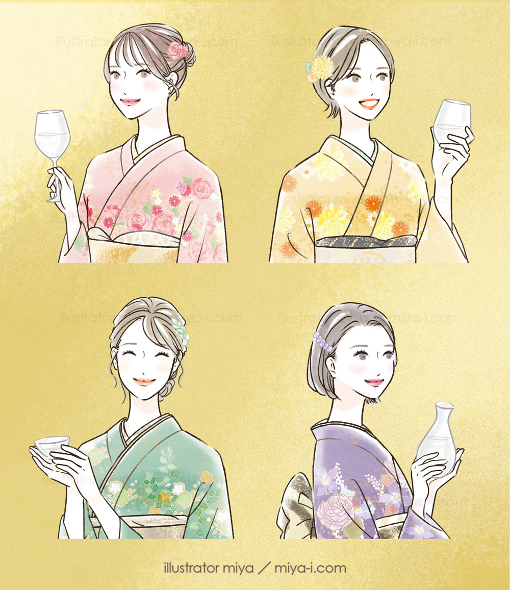 女性イラスト・おしゃれ・可愛い・正月・お酒・日本酒・着物・振り袖・お祝い・年賀