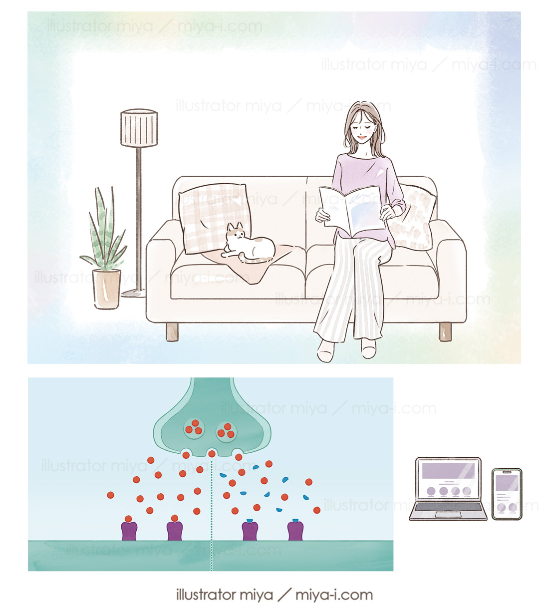 室内でくつろぐ女性・イラストレーター・医療・おしゃれ・イラスト・やさしい